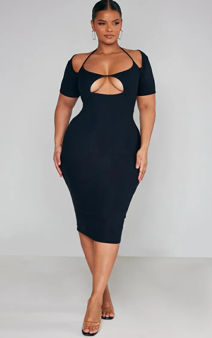 Plus Black Soft Touch Jersey Cut Out Bust Midi Dress