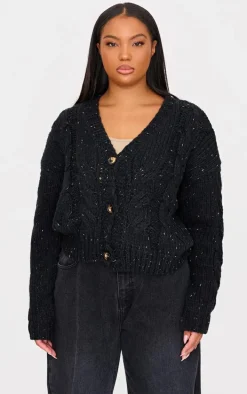 Plus Black Space Dye Chunky Knit Cardigan