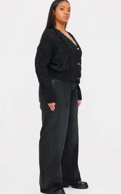 Plus Black Space Dye Chunky Knit Cardigan