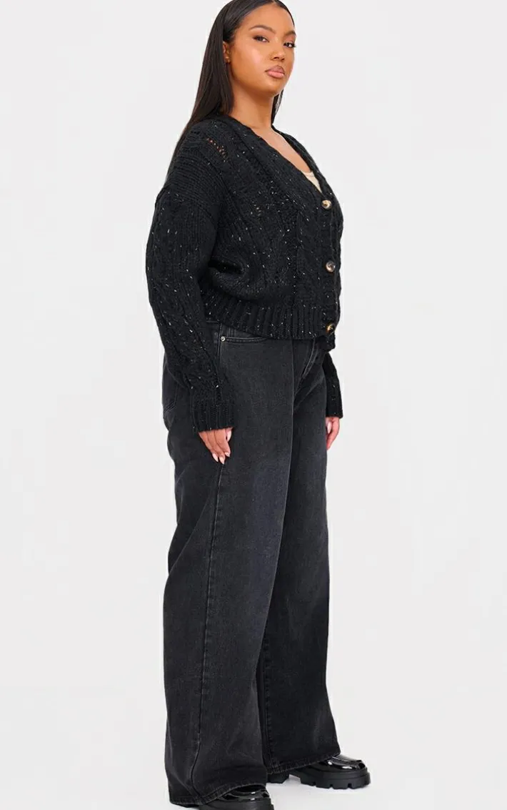 Plus Black Space Dye Chunky Knit Cardigan