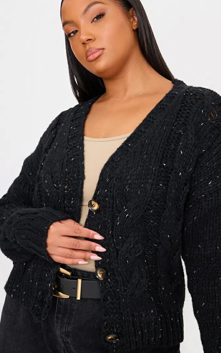 Plus Black Space Dye Chunky Knit Cardigan