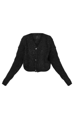 Plus Black Space Dye Chunky Knit Cardigan