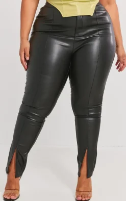 Plus Black Split Hem Faux Leather Skinny Pants