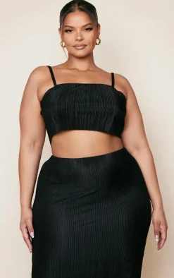 Plus Black Strappy Plisse Crop Top