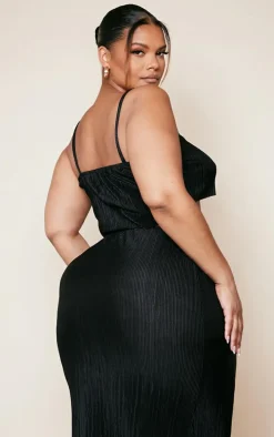 Plus Black Strappy Plisse Crop Top