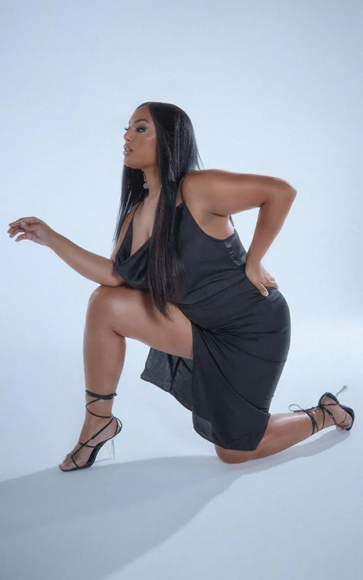 Plus Black Strappy Satin Cowl Midi Dress