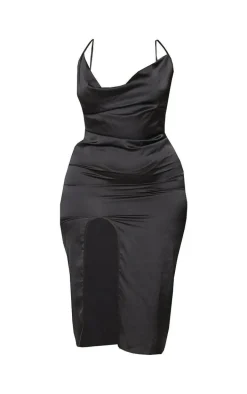 Plus Black Strappy Satin Cowl Midi Dress