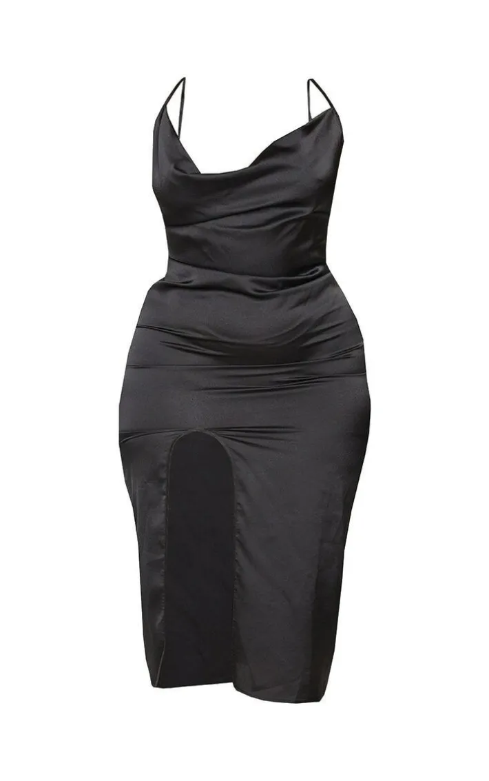 Plus Black Strappy Satin Cowl Midi Dress