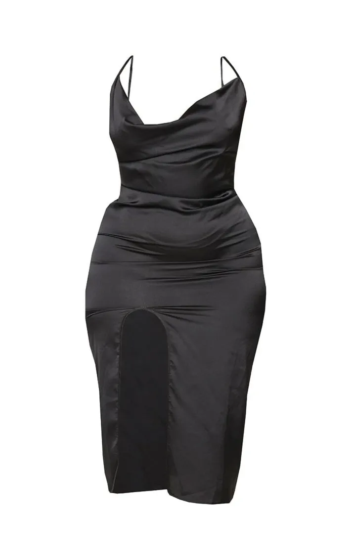 Plus Black Strappy Satin Cowl Midi Dress
