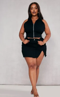 Plus Black Stretch Denim Split Detail Mini Skirt