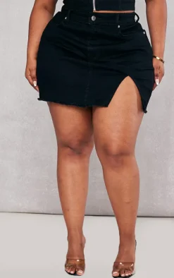 Plus Black Stretch Denim Split Detail Mini Skirt
