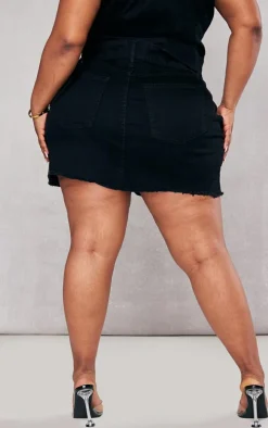 Plus Black Stretch Denim Split Detail Mini Skirt