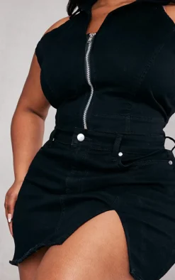 Plus Black Stretch Denim Split Detail Mini Skirt