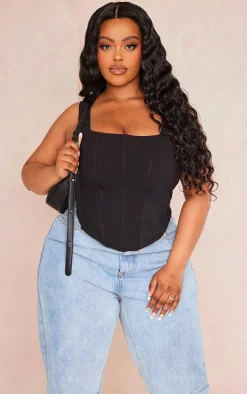 Plus Black Stretch Woven Square Neck Corset