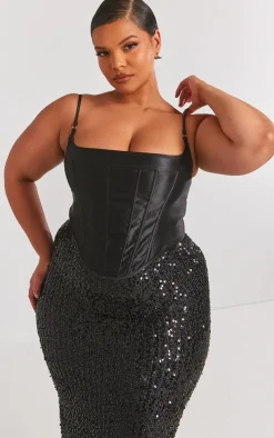 Plus Black Structured Satin Strappy Corset