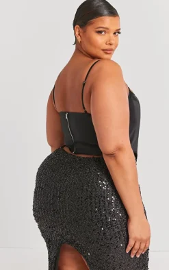 Plus Black Structured Satin Strappy Corset