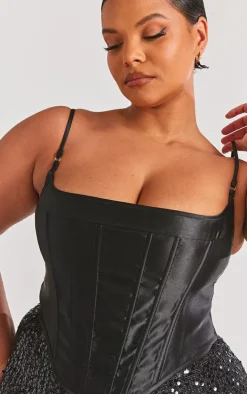 Plus Black Structured Satin Strappy Corset