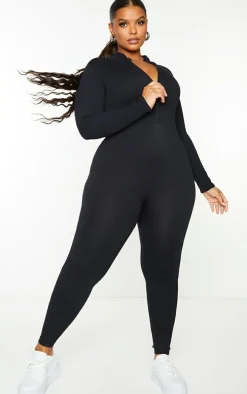 Plus Black Structured Snatched Rib High Neck Jumpsuit