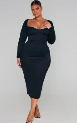 Plus Black Sweetheart Neck Long Sleeve Midi Dress