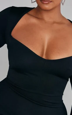 Plus Black Sweetheart Neck Long Sleeve Midi Dress