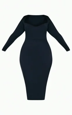 Plus Black Sweetheart Neck Long Sleeve Midi Dress
