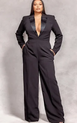 Plus Black Tailored Satin Lapel Straight Leg Jumpsuit