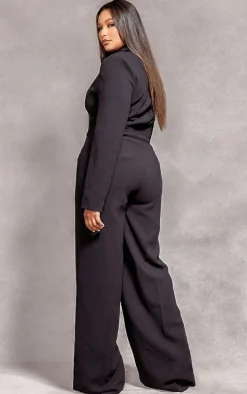 Plus Black Tailored Satin Lapel Straight Leg Jumpsuit