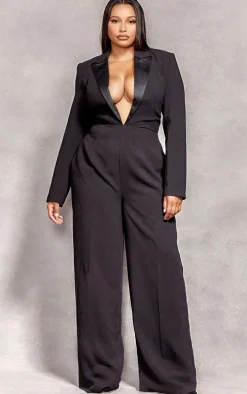 Plus Black Tailored Satin Lapel Straight Leg Jumpsuit
