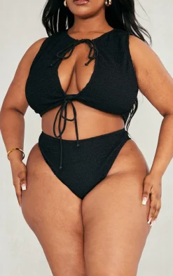 Plus Black Textured High Leg Bikini Bottoms