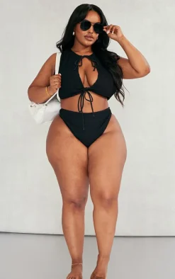 Plus Black Textured High Leg Bikini Bottoms