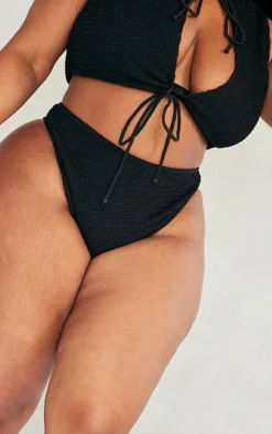 Plus Black Textured High Leg Bikini Bottoms