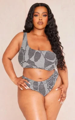 Plus Black Textured One Shoulder Bikini Top