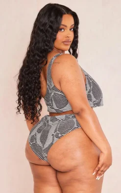 Plus Black Textured One Shoulder Bikini Top