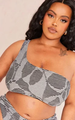 Plus Black Textured One Shoulder Bikini Top