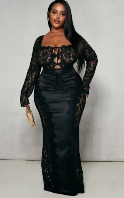 Plus Black Tie Front Lace Corset Top
