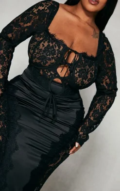 Plus Black Tie Front Lace Corset Top