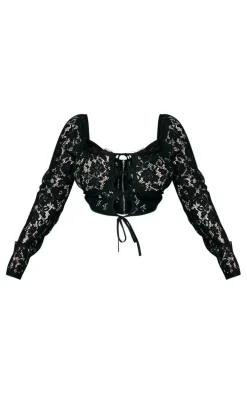 Plus Black Tie Front Lace Corset Top