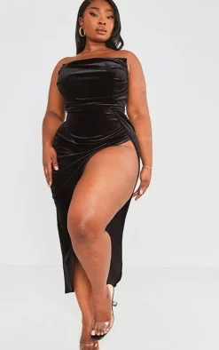 Plus Black Velvet Boned Bandeau Maxi Dress