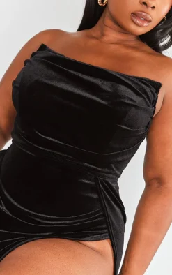 Plus Black Velvet Boned Bandeau Maxi Dress