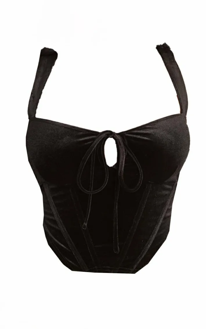 Plus Black Velvet Tie Front Boned Corset