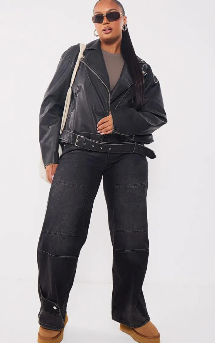 Plus Black Vintage Faux Leather Oversized Zip Up Biker Jacket