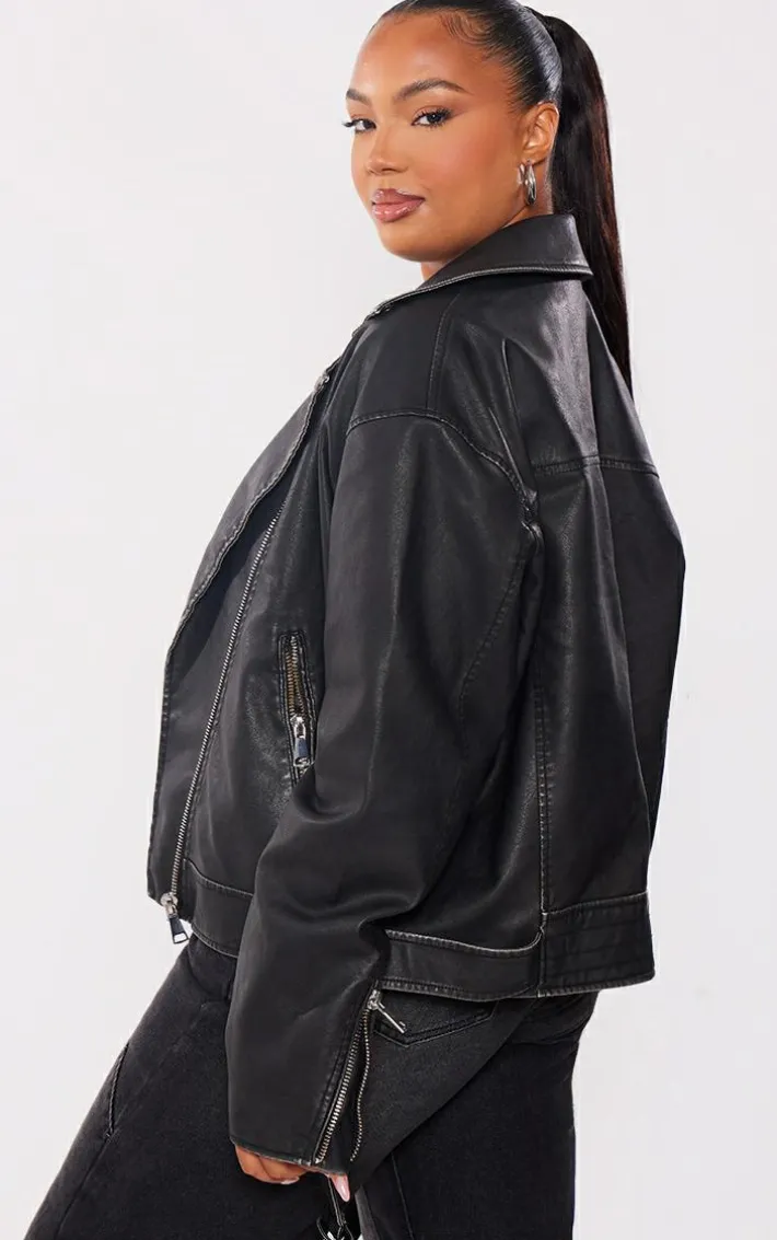 Plus Black Vintage Faux Leather Oversized Zip Up Biker Jacket