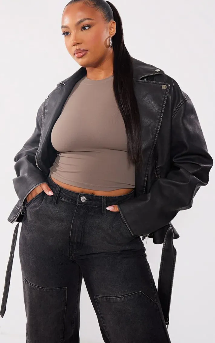 Plus Black Vintage Faux Leather Oversized Zip Up Biker Jacket