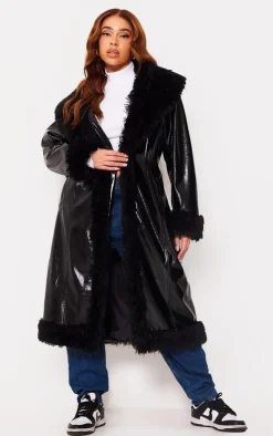 Plus Black Vinyl Faux Fur Detail Maxi Coat