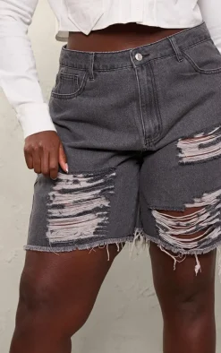Plus Black Wash Distressed Longline Boyfriend Shorts