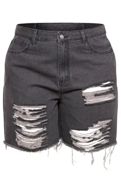 Plus Black Wash Distressed Longline Boyfriend Shorts