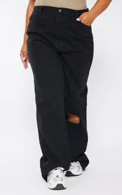 Plus Black Wash Open Knee Long Leg Straight Leg Jeans