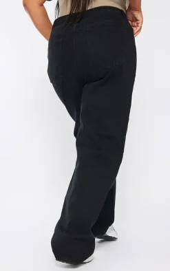 Plus Black Wash Open Knee Long Leg Straight Leg Jeans