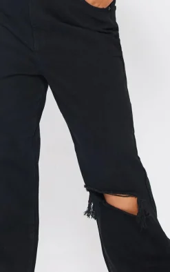 Plus Black Wash Open Knee Long Leg Straight Leg Jeans