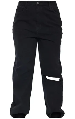 Plus Black Wash Open Knee Long Leg Straight Leg Jeans